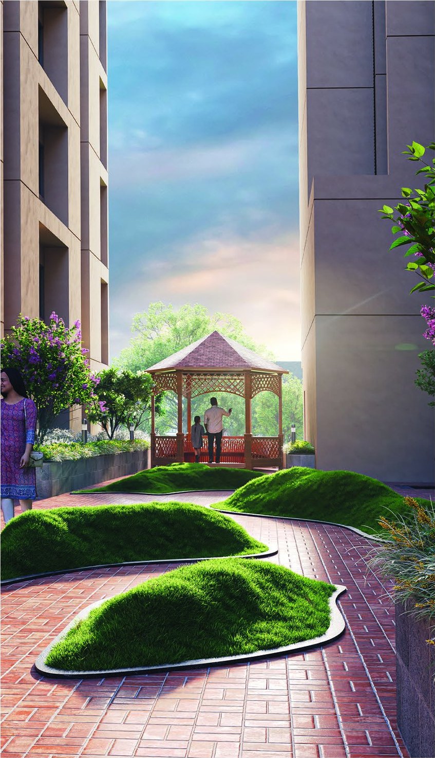 Gazebo at the end of a landscaped garden path between the towers