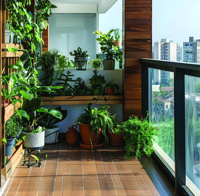 Interior — balcony garden with potted plants and glass railing