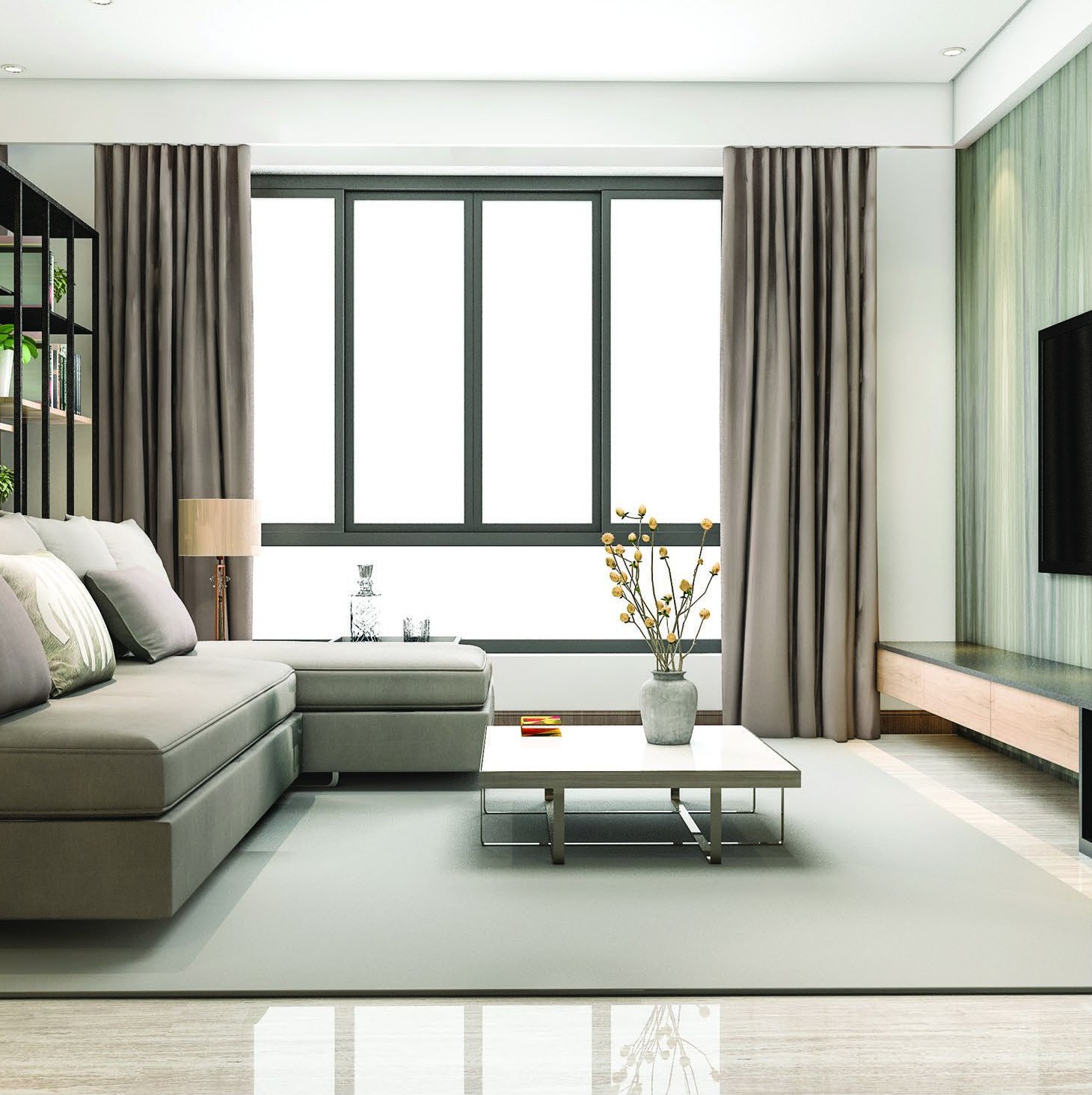 Interior — living room with sectional sofa and large sliding window