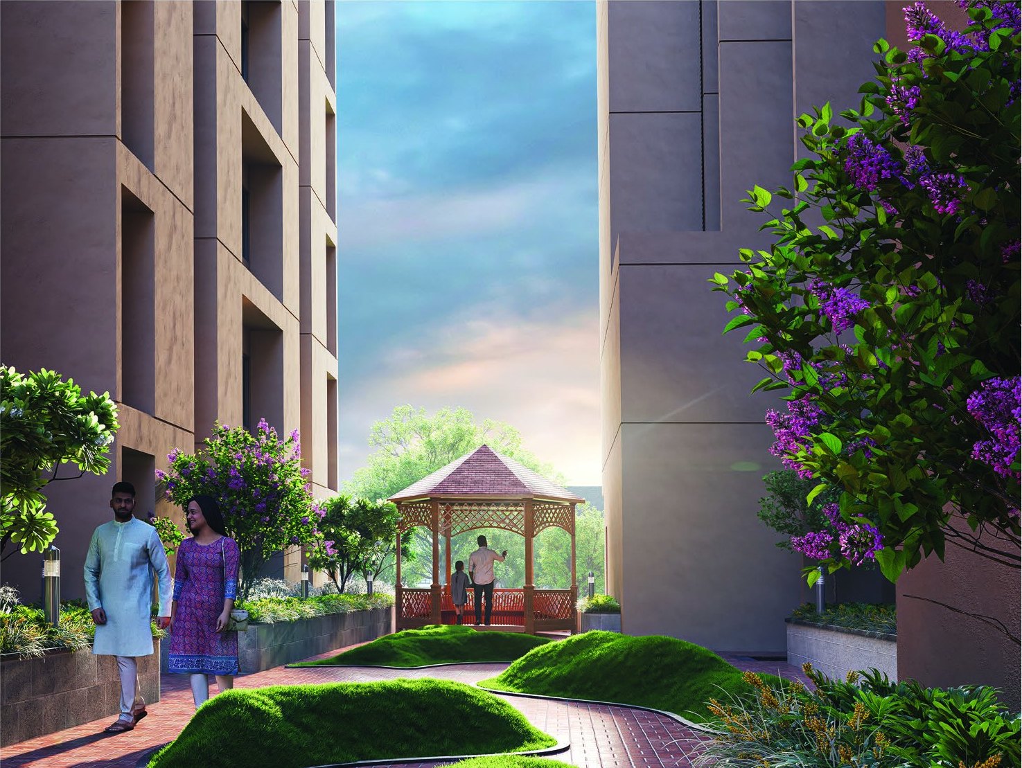 Courtyard garden render with a couple walking along a brick path towards a gazebo