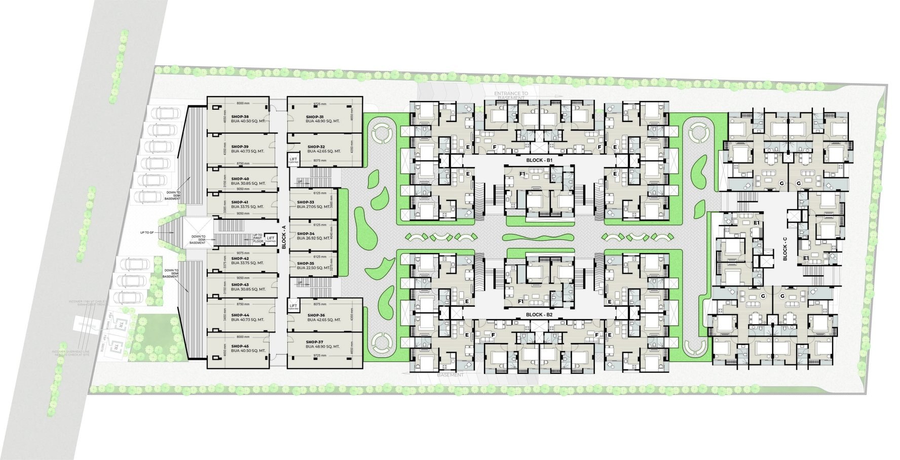 First floor plan showing Shops 31 to 45 in Block A and the residential flats of Blocks B1, B2 and C around the landscaped courtyard