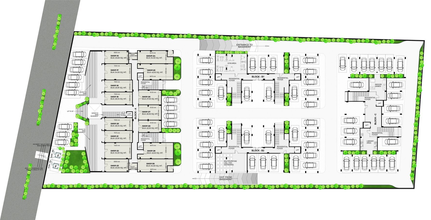 Ground floor plan showing Shops 16 to 30 in Block A, gym area, multipurpose hall, indoor games, library area and parking