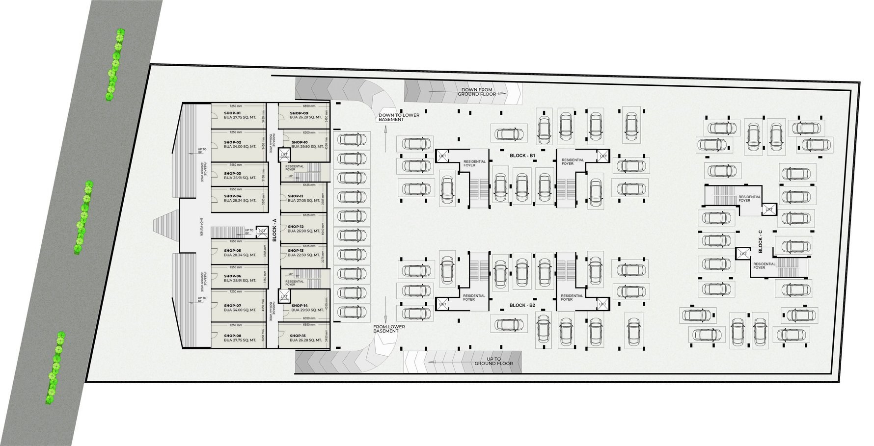 Semi-Basement floor plan showing Shops 01 to 15 in Block A, basement parking and the residential foyers of Blocks B1, B2 and C