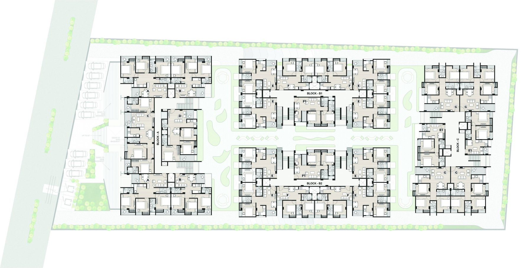 Typical floor plan showing the residential flats of Blocks A, B1, B2 and C around the landscaped central courtyard