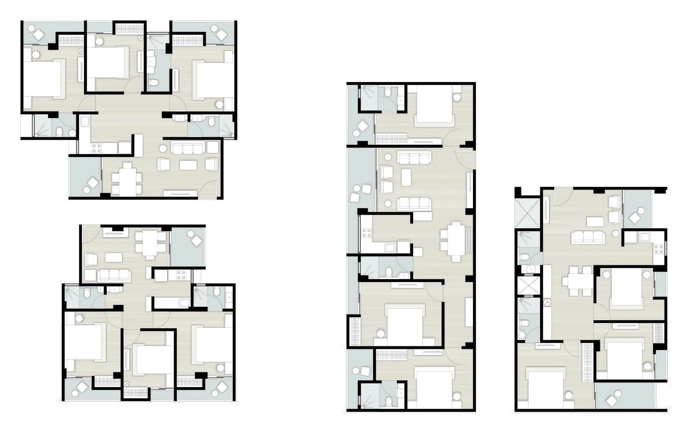 Block A unit floor plans — Units A, B, C and D, all 3 BHK