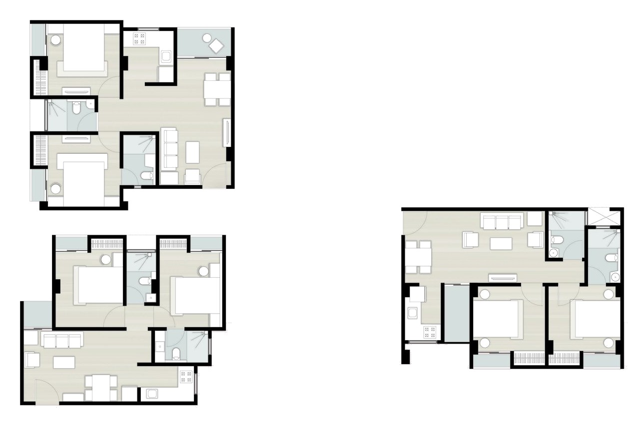 Block B unit floor plans — Units E, F and F(1), all 2 BHK
