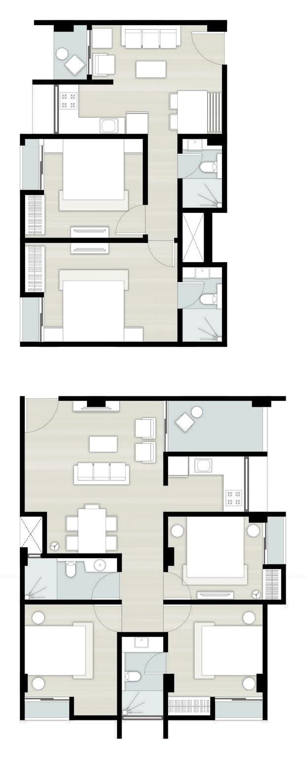 Block C unit floor plans — Unit E(1), a 2 BHK, and Unit G, a 3 BHK